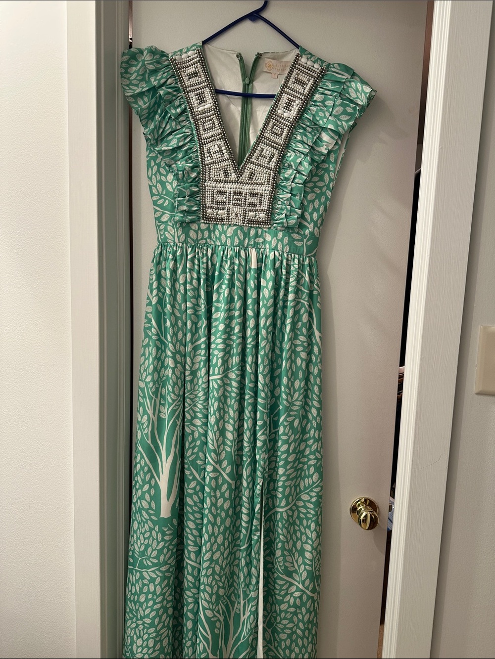 Beaded V-Neck Mint Leaf Maxi Dress
